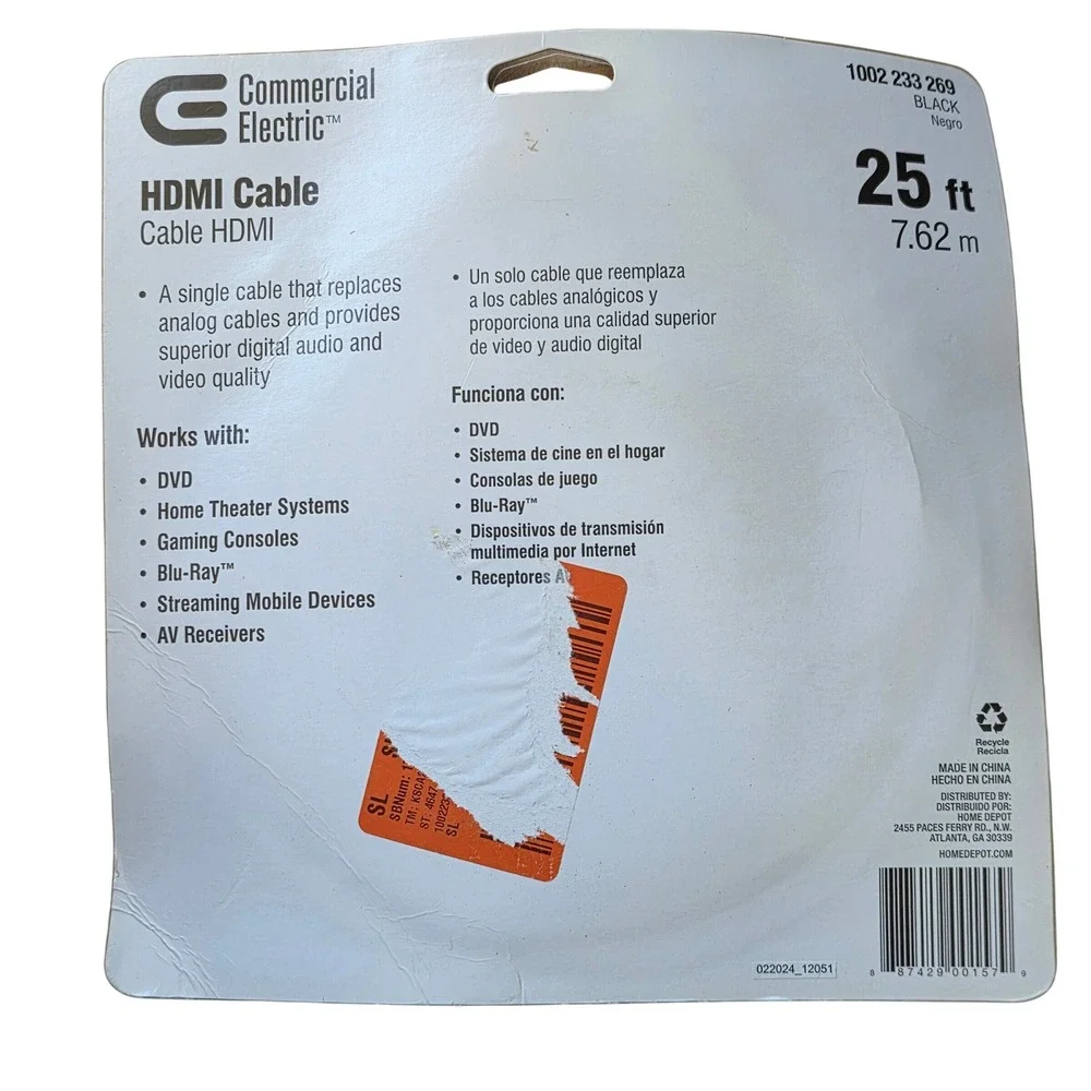 Commercial Electric 25ft High Speed HDMI Cable with Ethernet 4K 1080p Black New